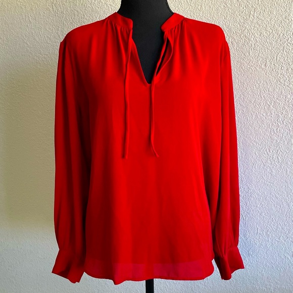 LOFT Tops - LOFT • Stylish Tie-Neck Bright Red Long Sleeve Pop of Color Blouse